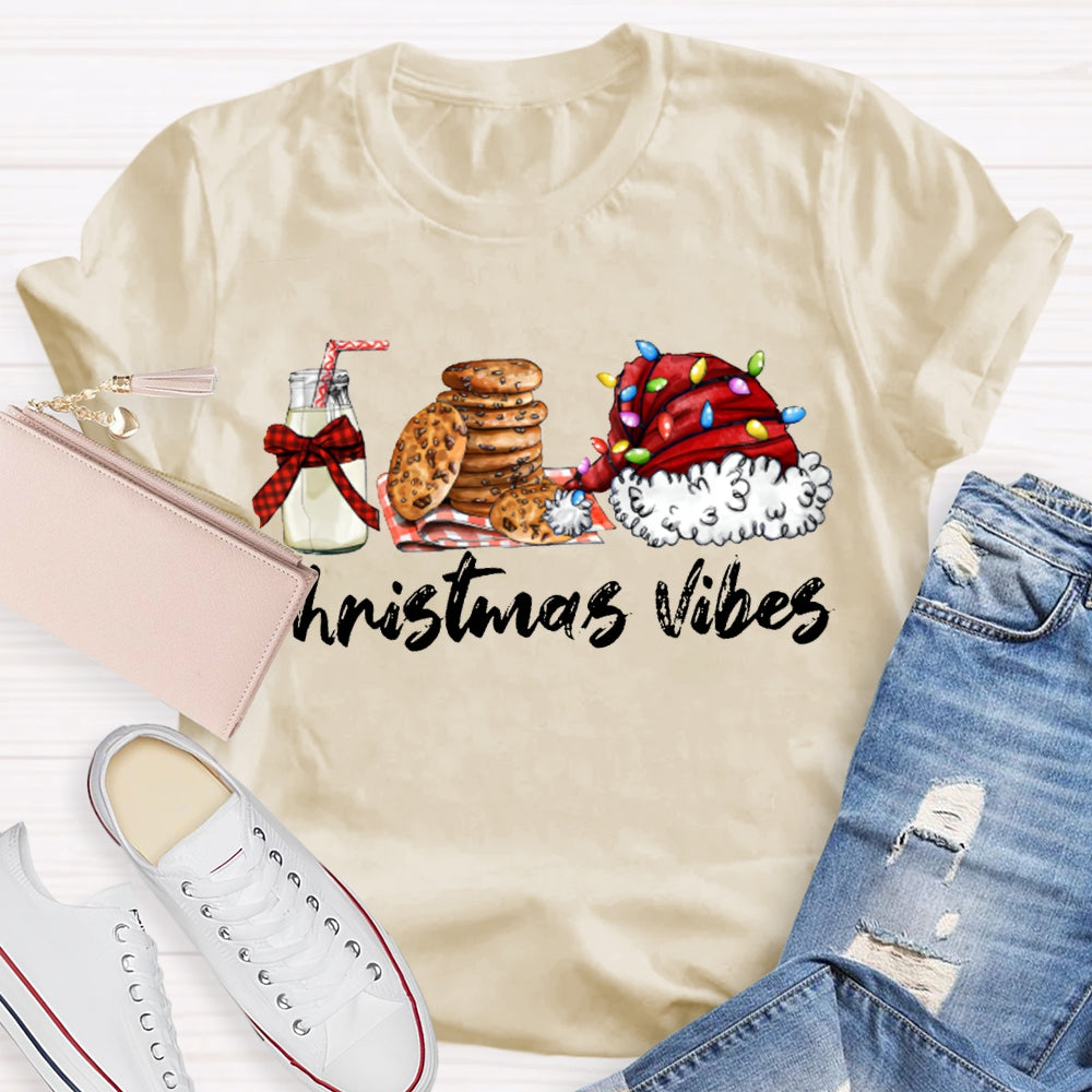Christmas Vibes Santa Hat And Cookies With Milk T-shirt