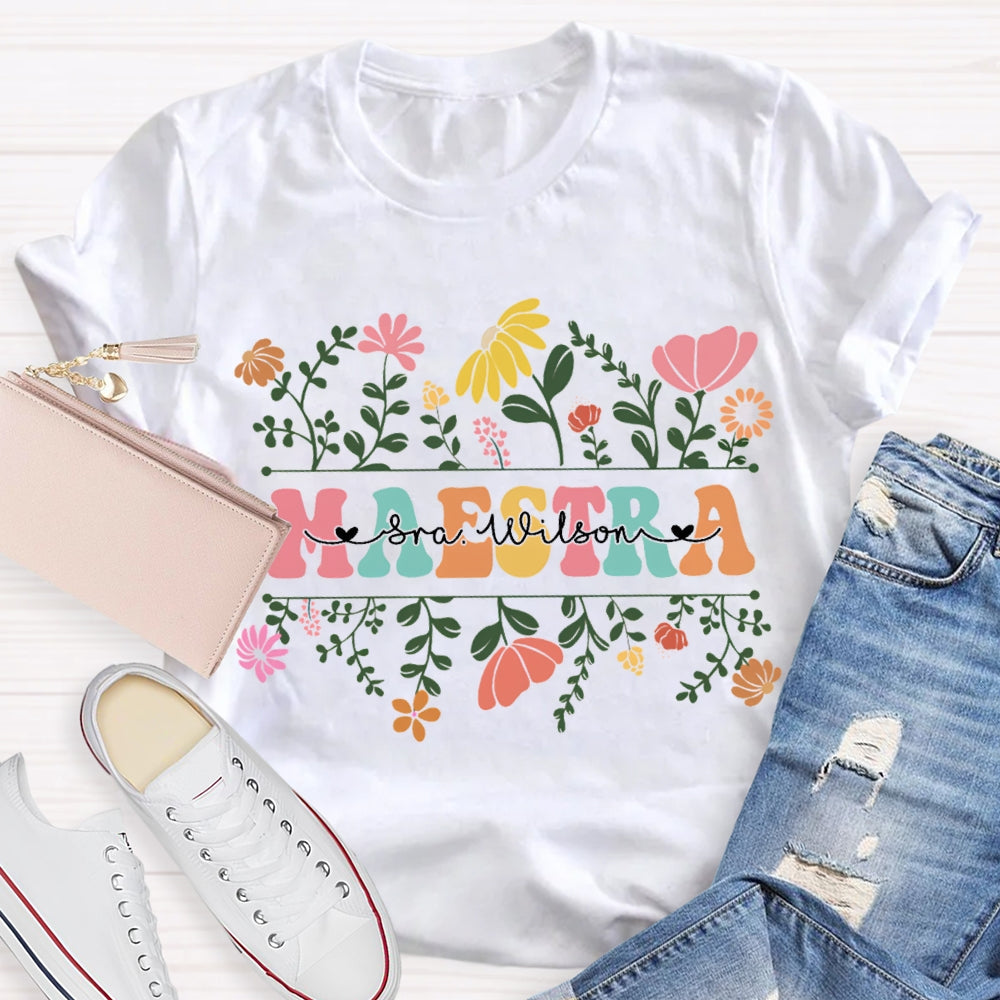 Personalized Name Maestra Small Bouquets And Colorful Fonts T-shirt