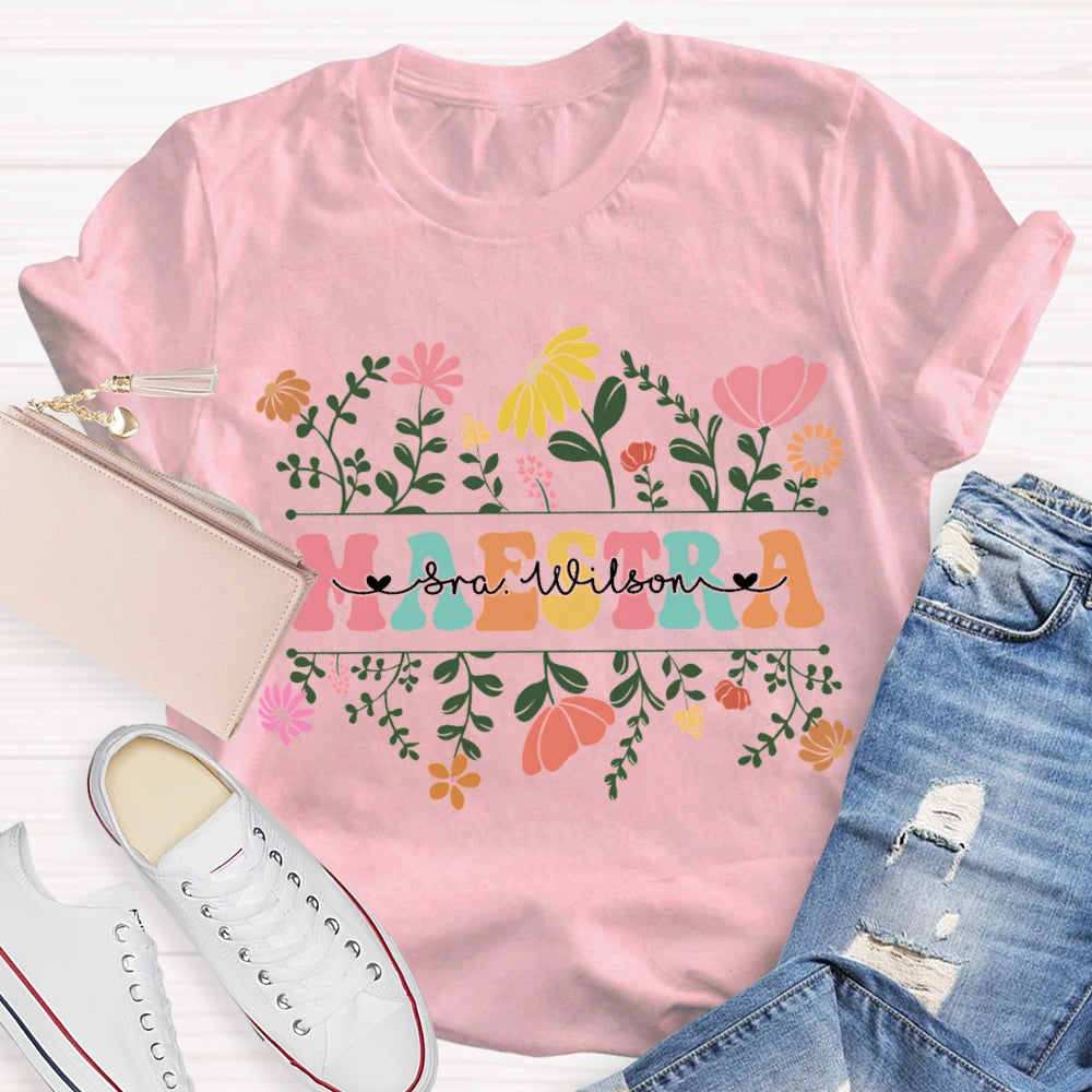Personalized Name Maestra Small Bouquets And Colorful Fonts T-shirt