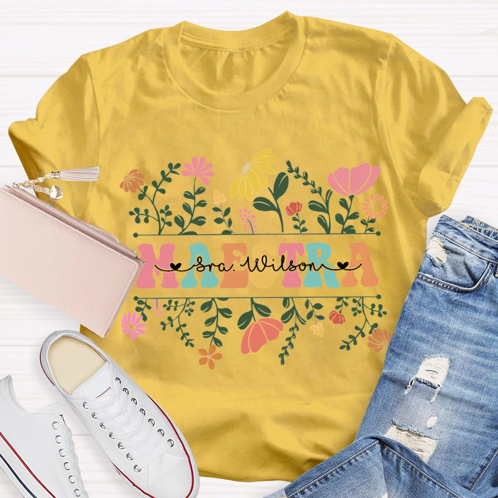 Personalized Name Maestra Small Bouquets And Colorful Fonts T-shirt