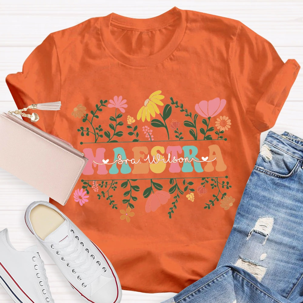Personalized Name Maestra Small Bouquets And Colorful Fonts T-shirt