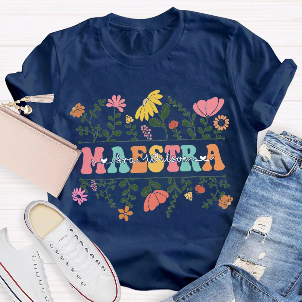 Personalized Name Maestra Small Bouquets And Colorful Fonts T-shirt