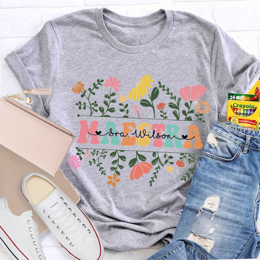 Personalized Name Maestra Small Bouquets And Colorful Fonts T-shirt