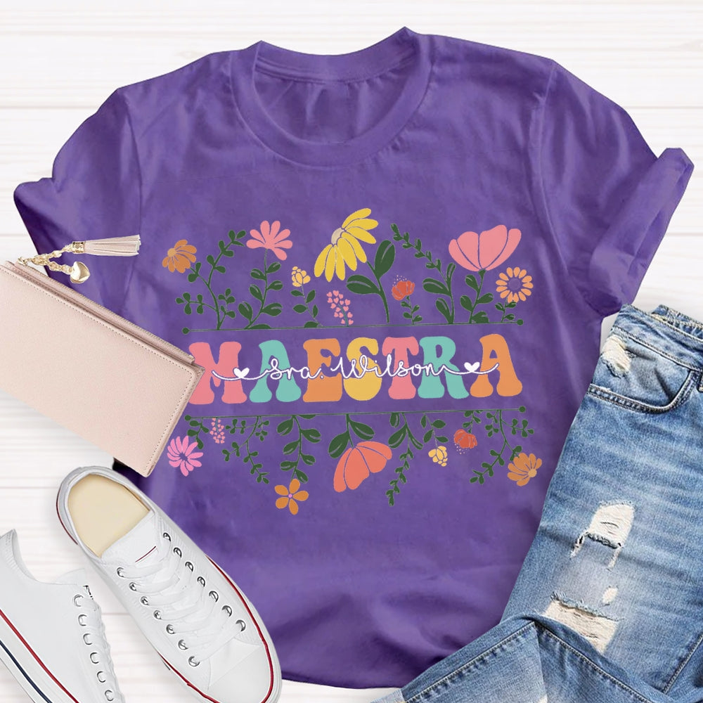 Personalized Name Maestra Small Bouquets And Colorful Fonts T-shirt