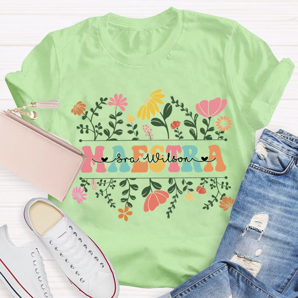 Personalized Name Maestra Small Bouquets And Colorful Fonts T-shirt