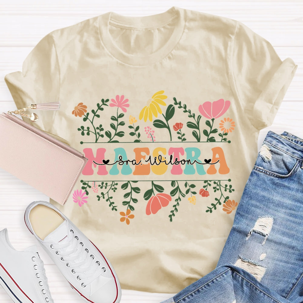 Personalized Name Maestra Small Bouquets And Colorful Fonts T-shirt