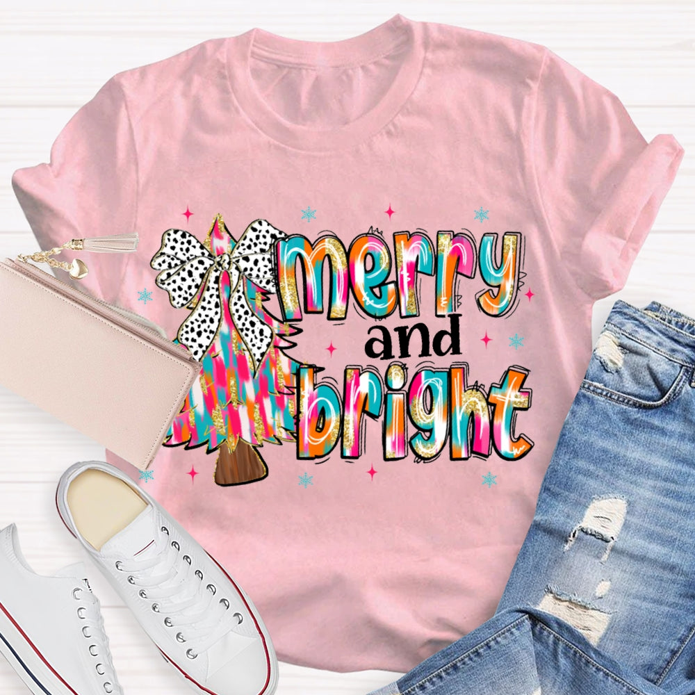 Merry And Bright Tie-Dye Christmas Tree And Font Christmas T-shirt