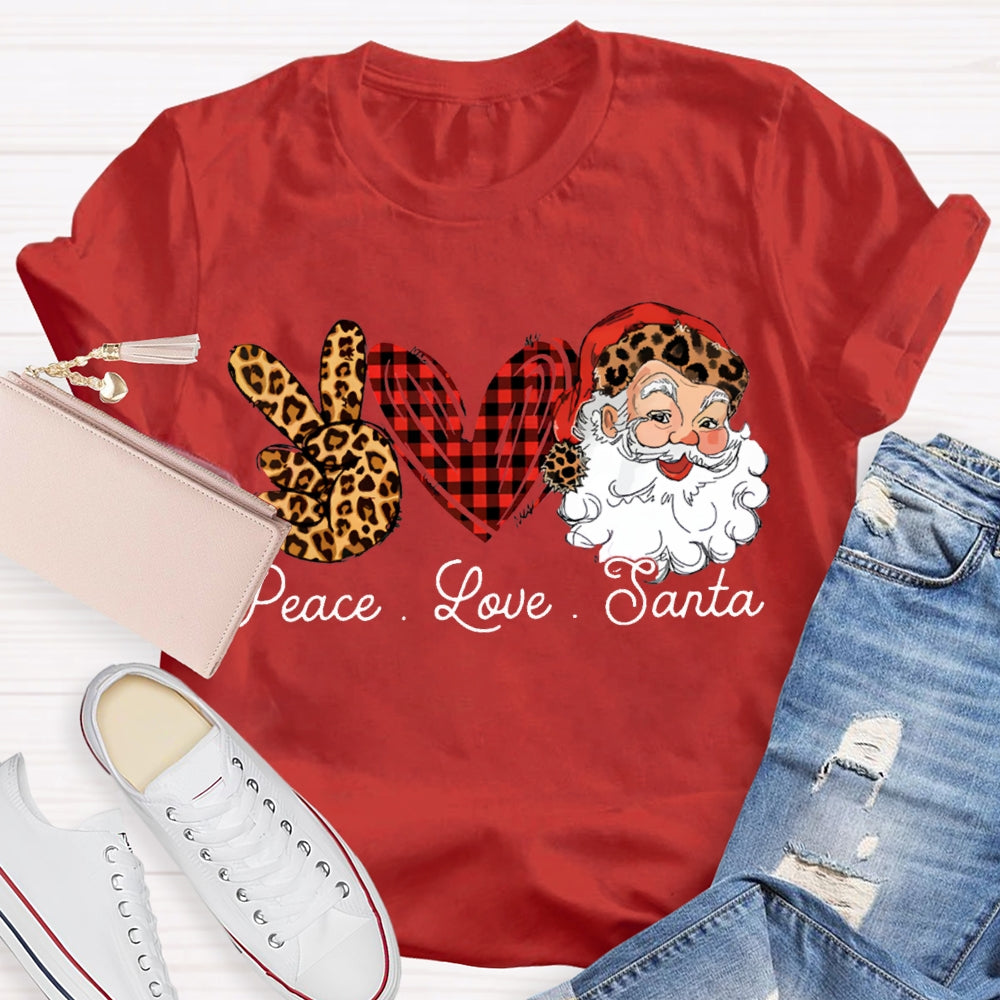 Peace Love Santa Heart And Leopard Print Elements Christmas T-shirt
