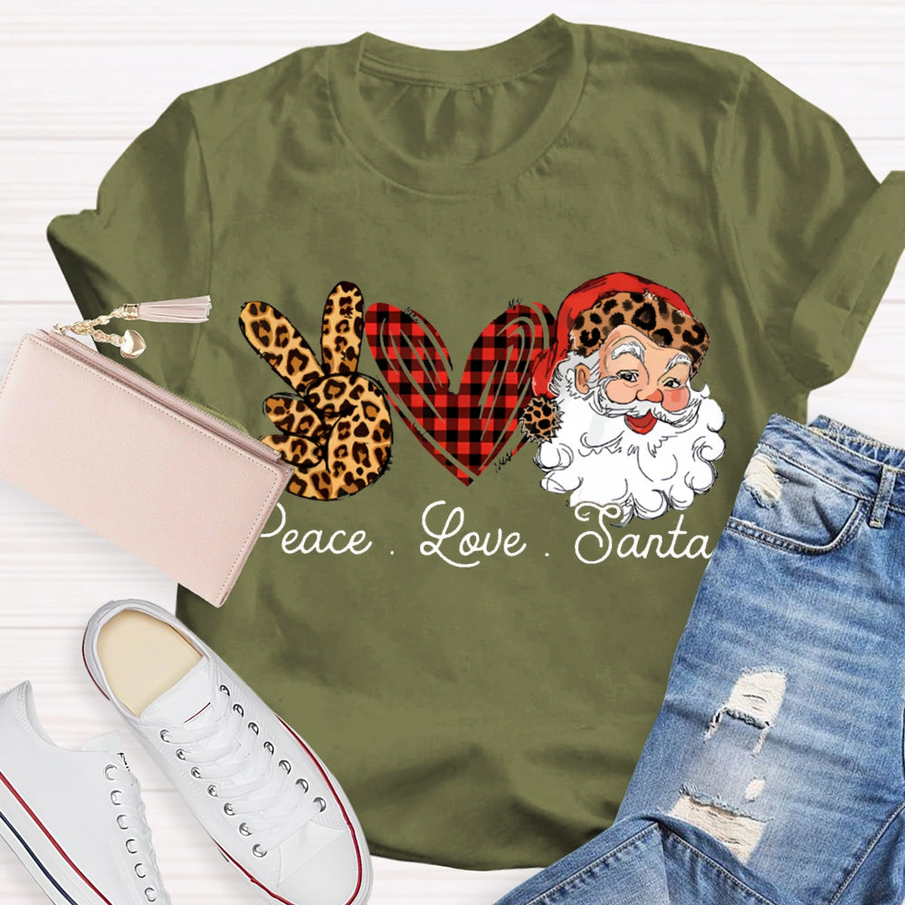 Peace Love Santa Heart And Leopard Print Elements Christmas T-shirt