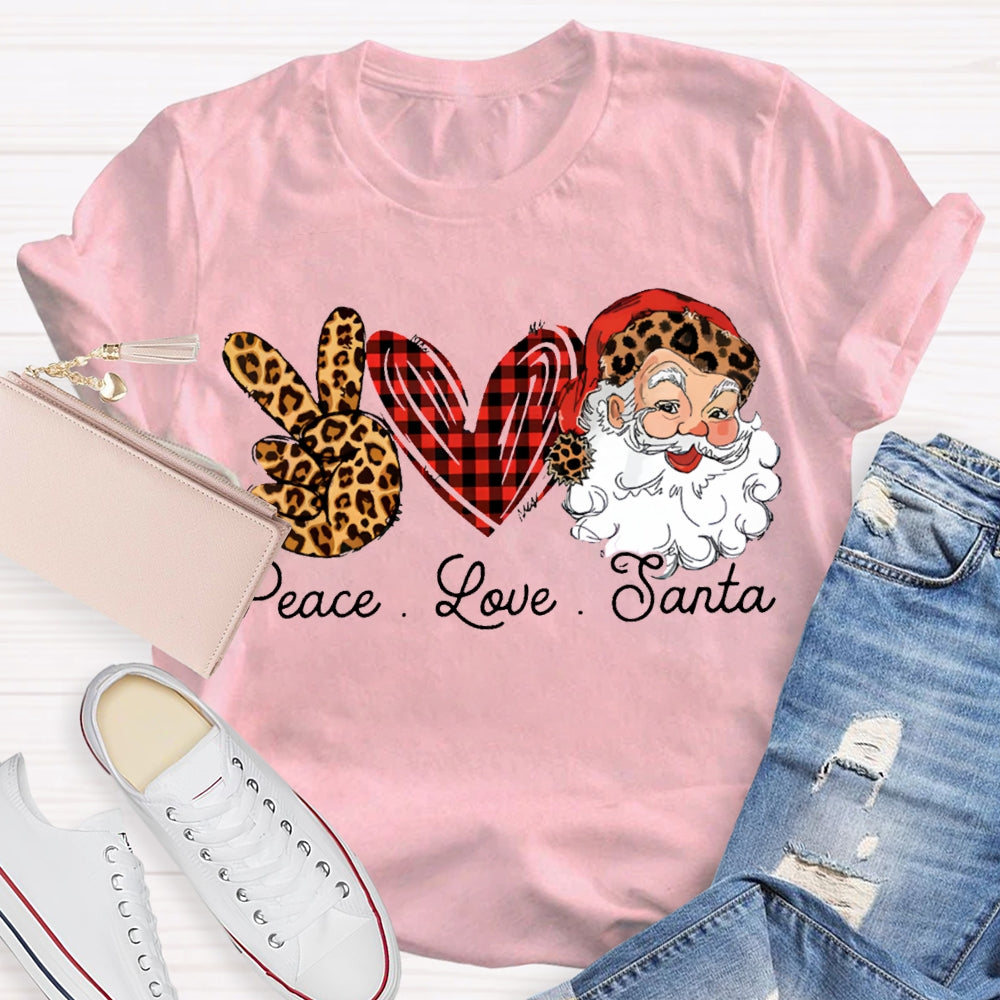 Peace Love Santa Heart And Leopard Print Elements Christmas T-shirt