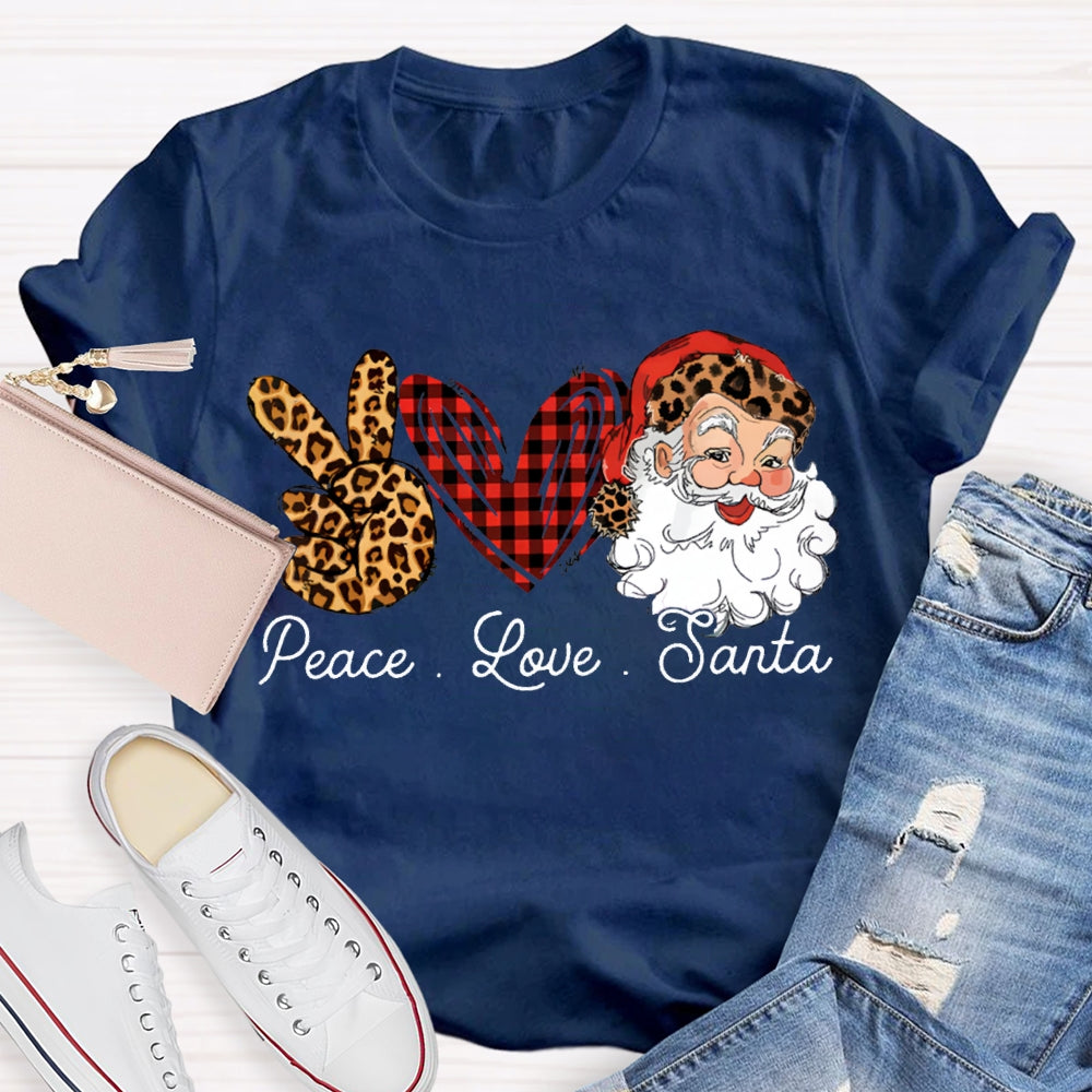 Peace Love Santa Heart And Leopard Print Elements Christmas T-shirt