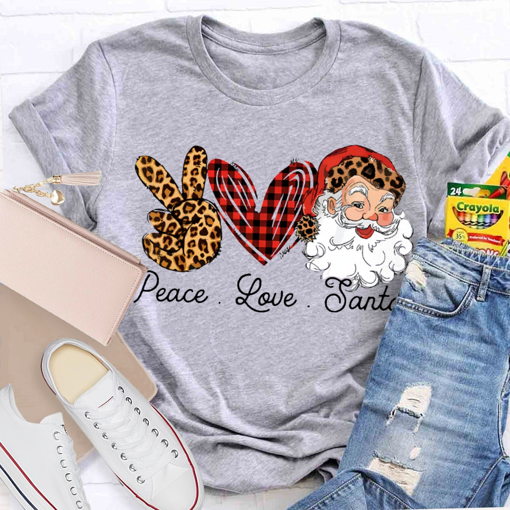 Peace Love Santa Heart And Leopard Print Elements Christmas T-shirt