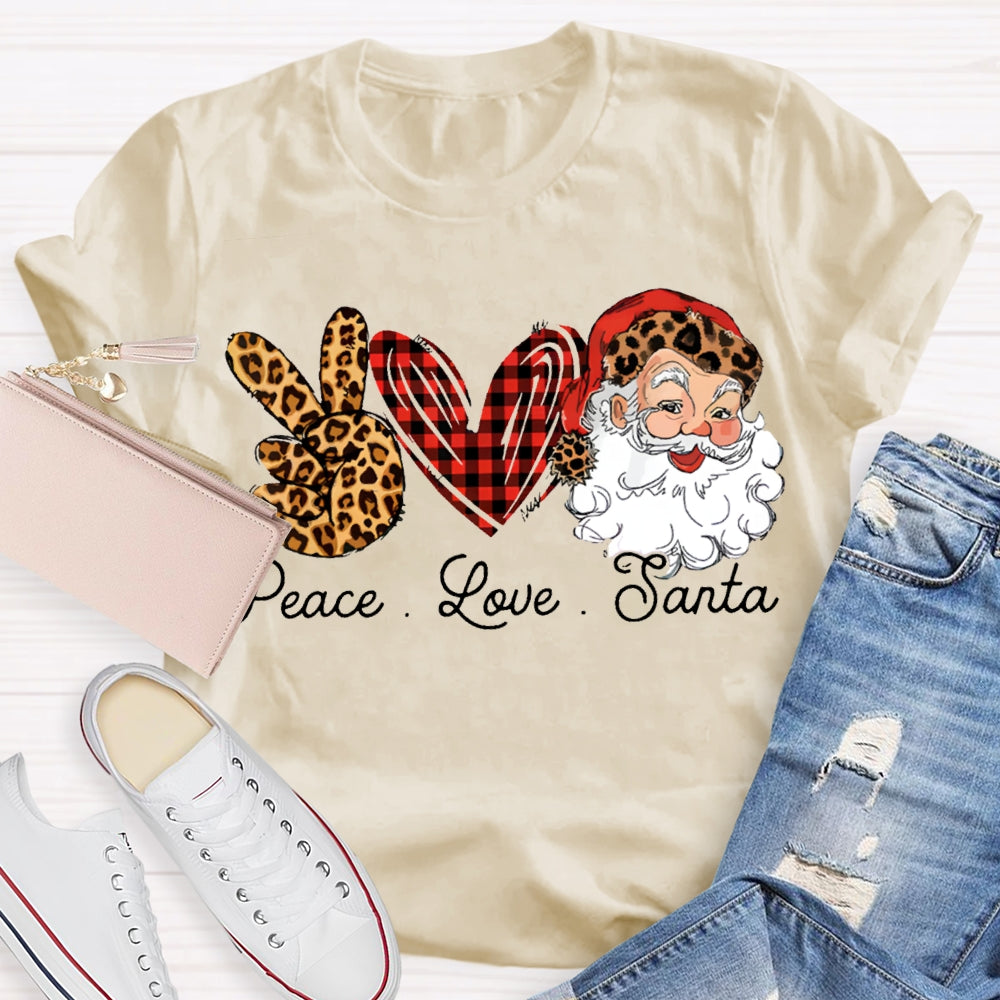 Peace Love Santa Heart And Leopard Print Elements Christmas T-shirt