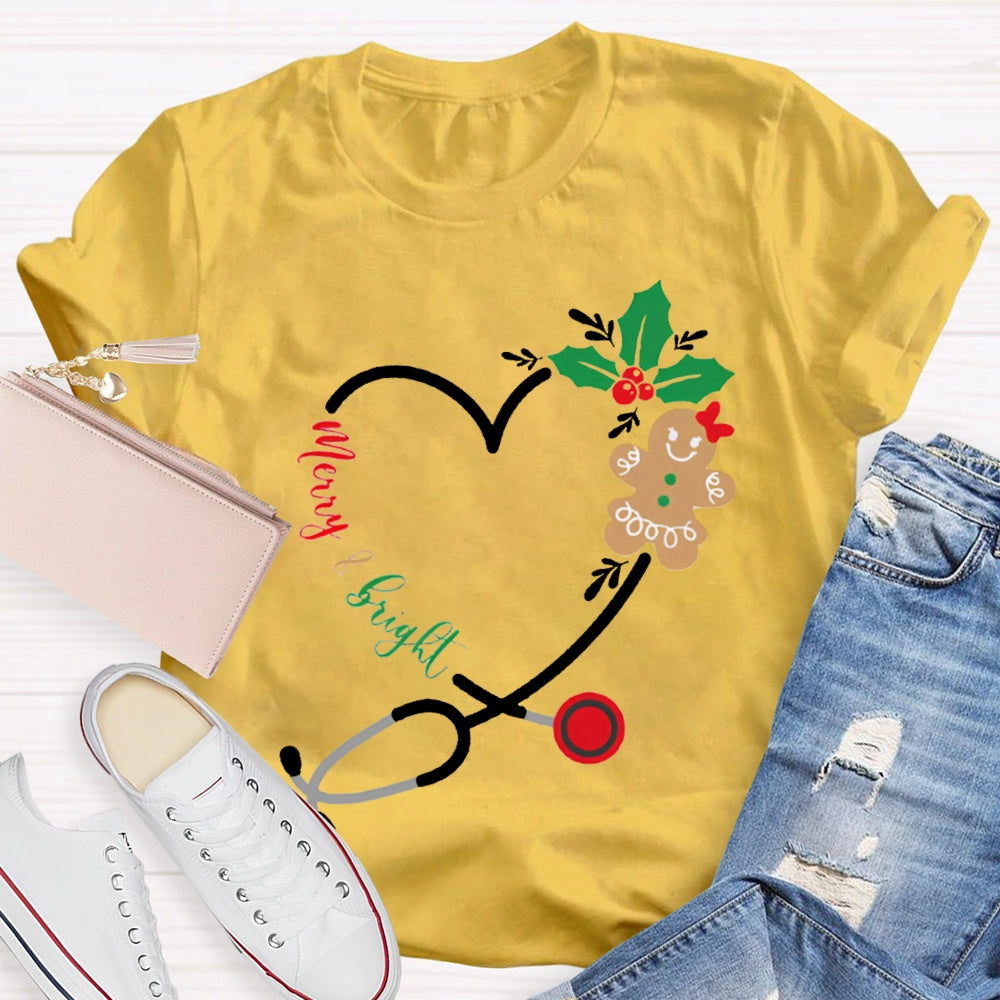 Merry And Bright Christmas School Nurse Stethoscope T-shirt