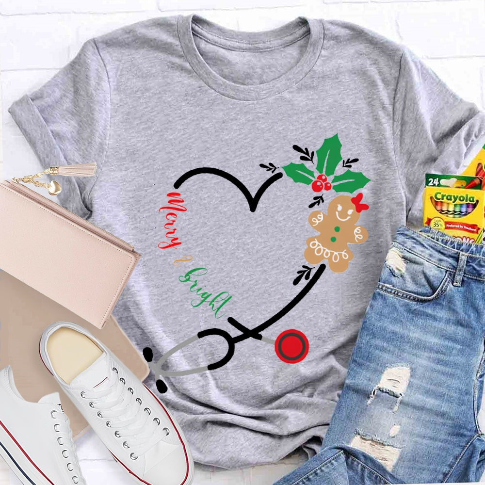 Merry And Bright Christmas School Nurse Stethoscope T-shirt