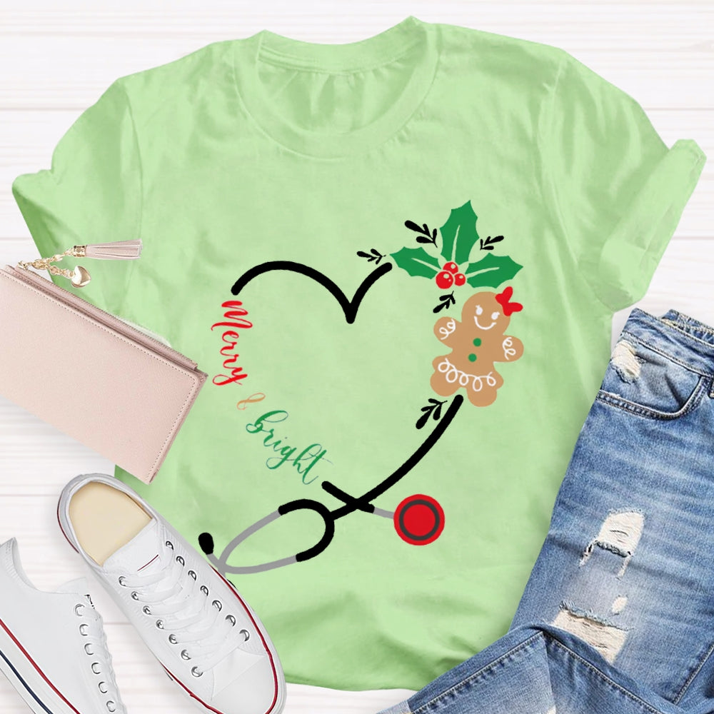 Merry And Bright Christmas School Nurse Stethoscope T-shirt