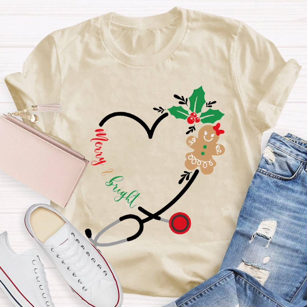 Merry And Bright Christmas School Nurse Stethoscope T-shirt