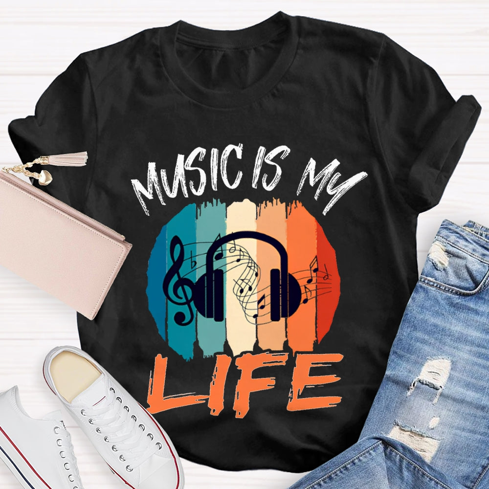 Music Is My Life Colorful Square Print T-shirt
