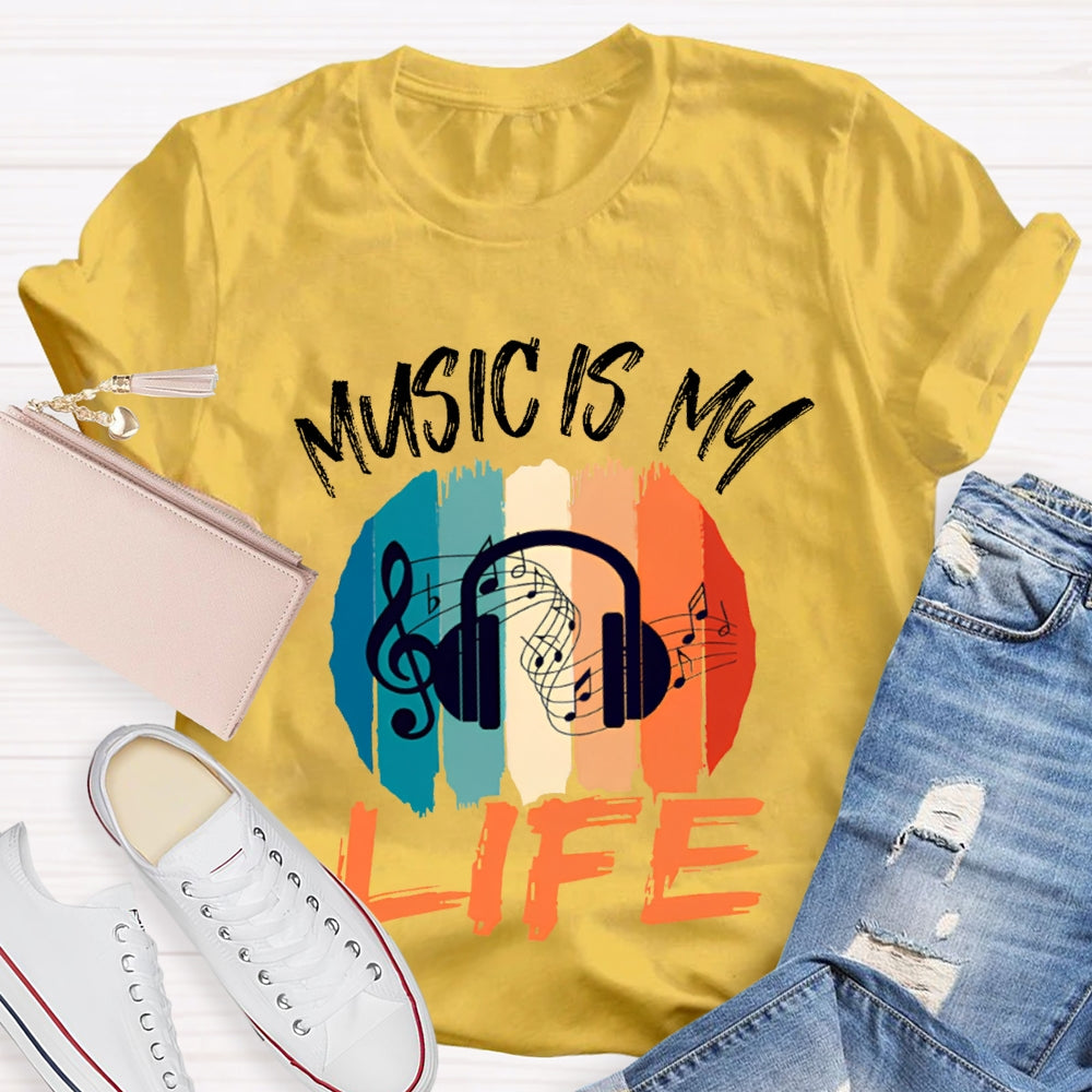Music Is My Life Colorful Square Print T-shirt