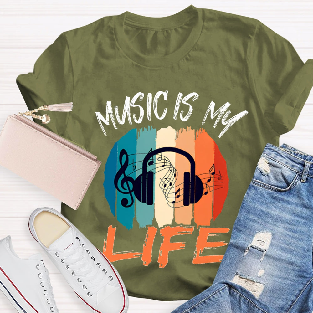 Music Is My Life Colorful Square Print T-shirt