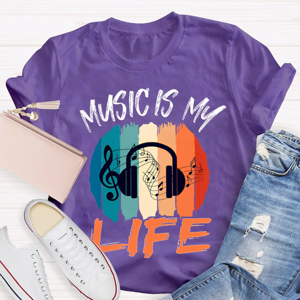 Music Is My Life Colorful Square Print T-shirt