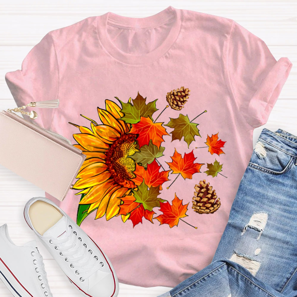 Colorful Maple Leaves And Sunflowers Fall Vibes T-shirt