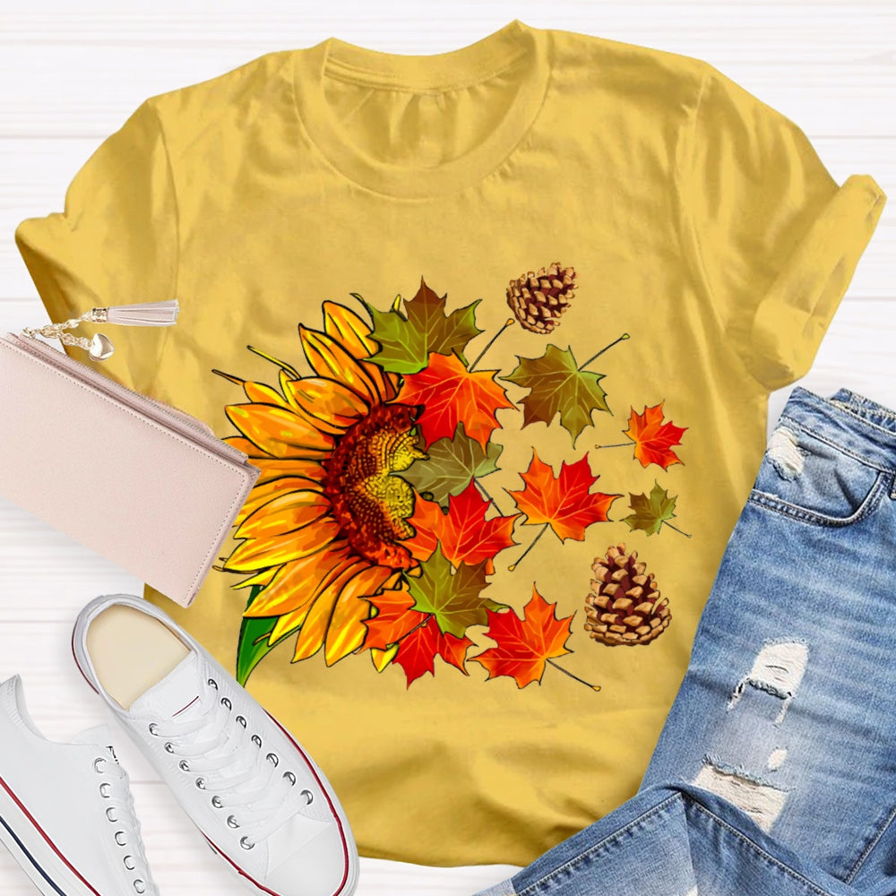 Colorful Maple Leaves And Sunflowers Fall Vibes T-shirt