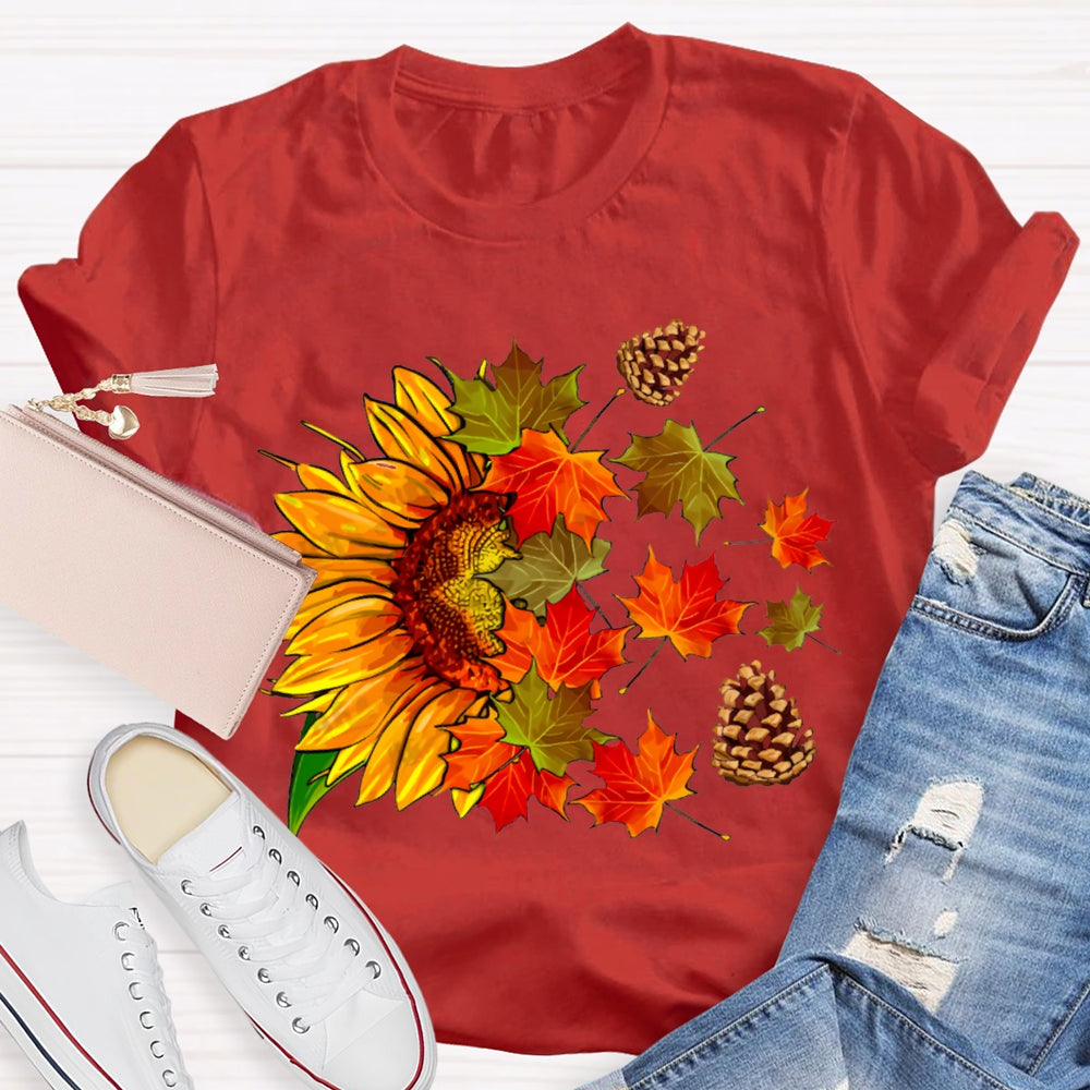 Colorful Maple Leaves And Sunflowers Fall Vibes T-shirt