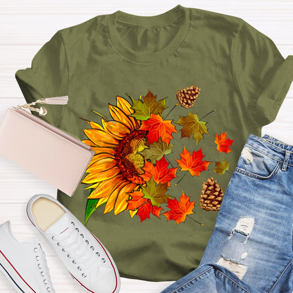Colorful Maple Leaves And Sunflowers Fall Vibes T-shirt