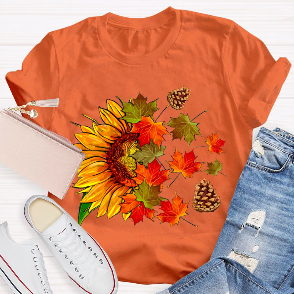 Colorful Maple Leaves And Sunflowers Fall Vibes T-shirt