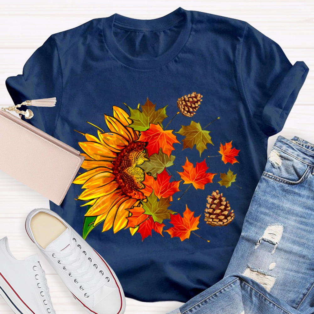 Colorful Maple Leaves And Sunflowers Fall Vibes T-shirt