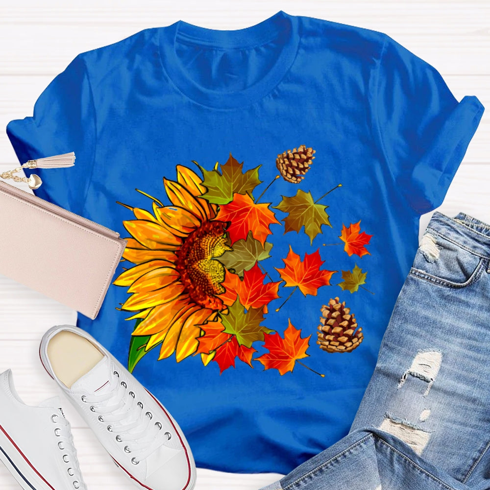 Colorful Maple Leaves And Sunflowers Fall Vibes T-shirt