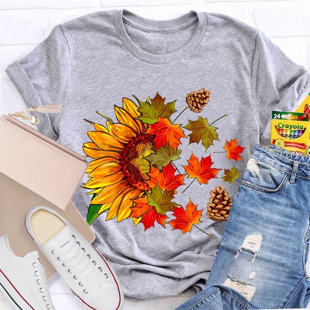 Colorful Maple Leaves And Sunflowers Fall Vibes T-shirt