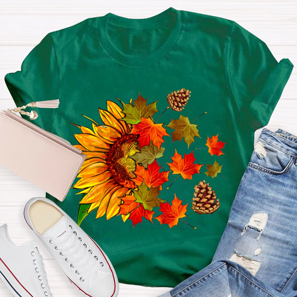 Colorful Maple Leaves And Sunflowers Fall Vibes T-shirt