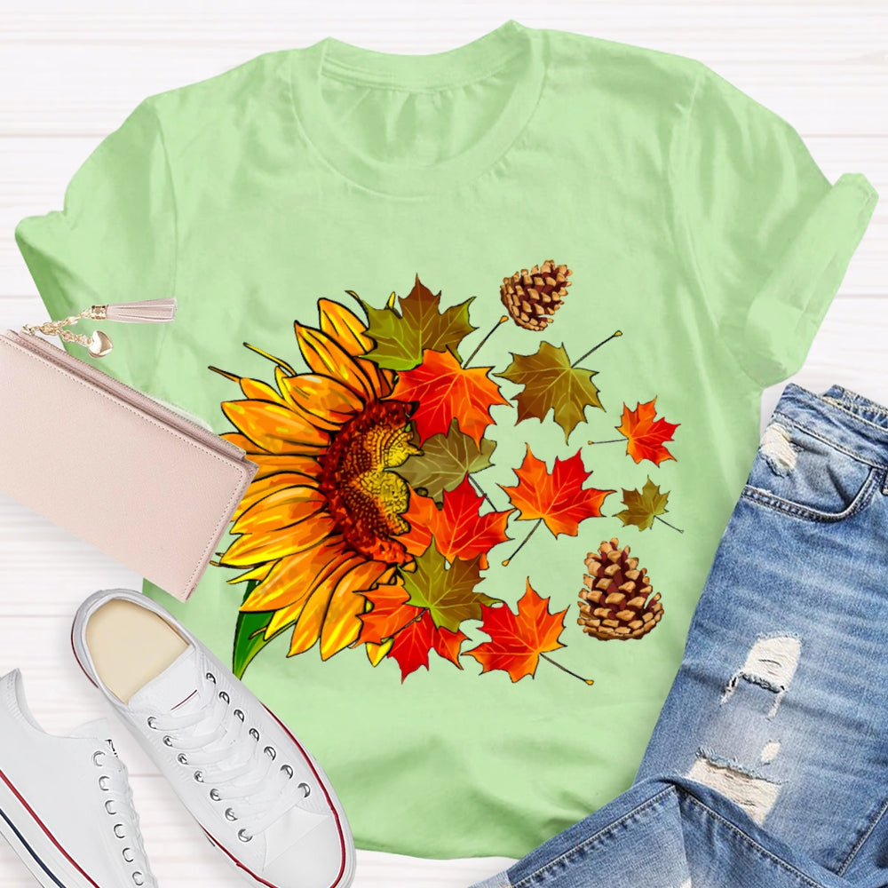 Colorful Maple Leaves And Sunflowers Fall Vibes T-shirt