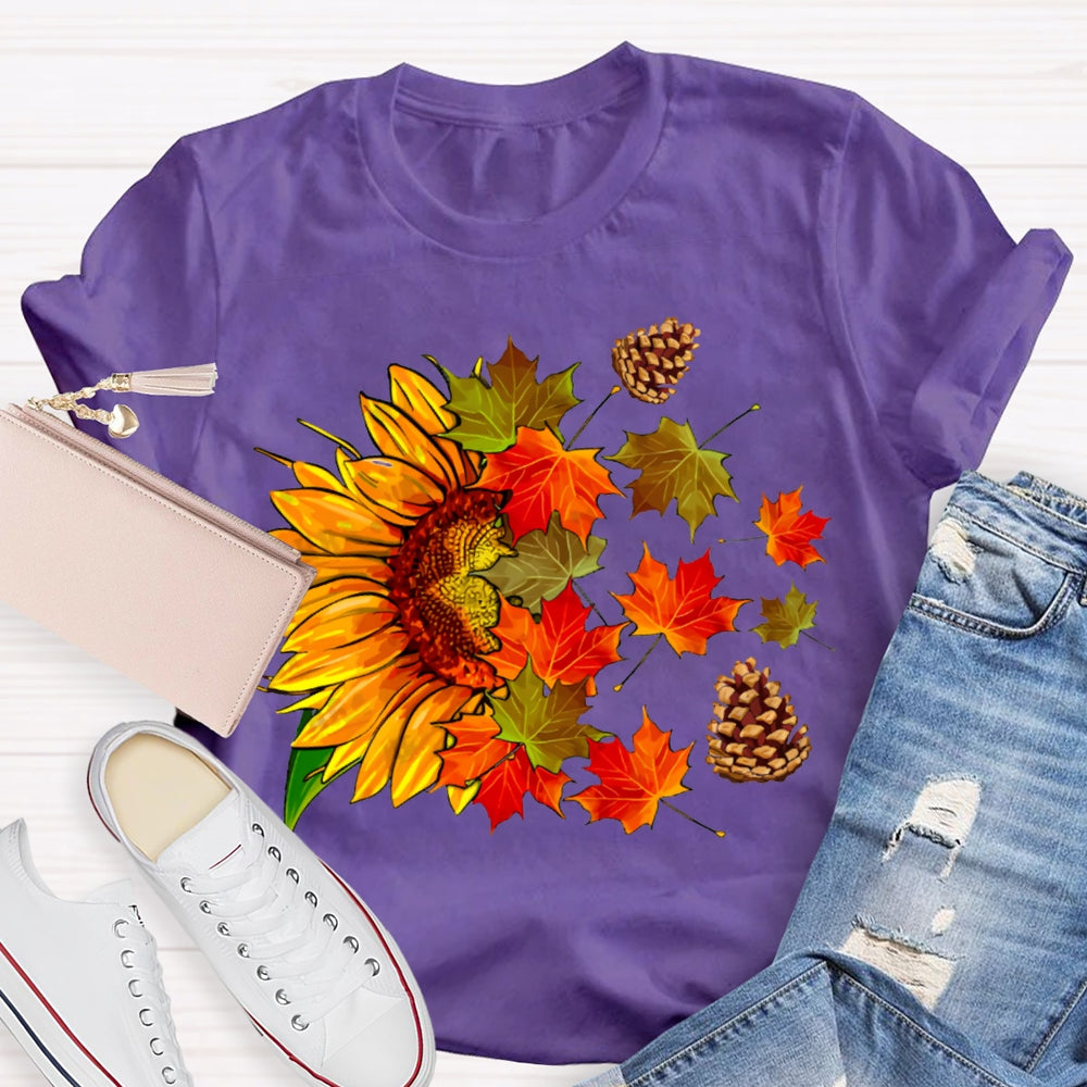 Colorful Maple Leaves And Sunflowers Fall Vibes T-shirt