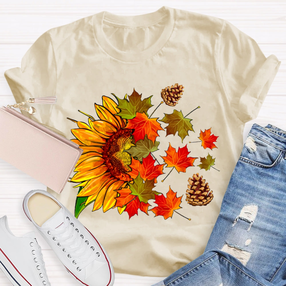 Colorful Maple Leaves And Sunflowers Fall Vibes T-shirt