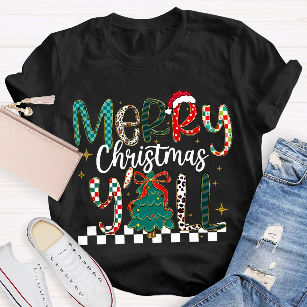 Merry Christmas Yall Colorful Fonts And Christmas Tree T-shirt