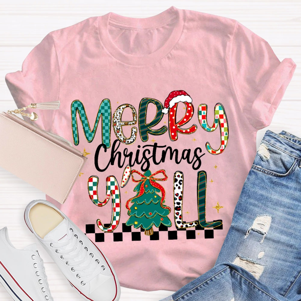 Merry Christmas Yall Colorful Fonts And Christmas Tree T-shirt