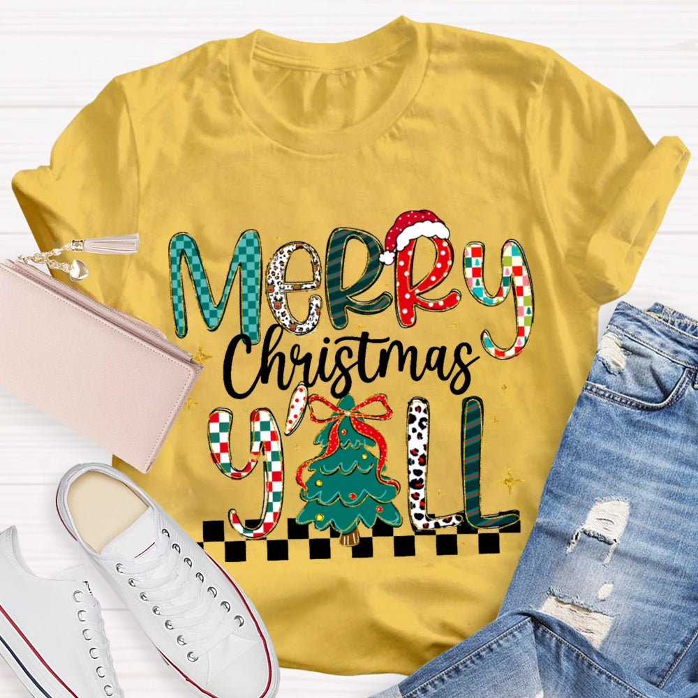 Merry Christmas Yall Colorful Fonts And Christmas Tree T-shirt