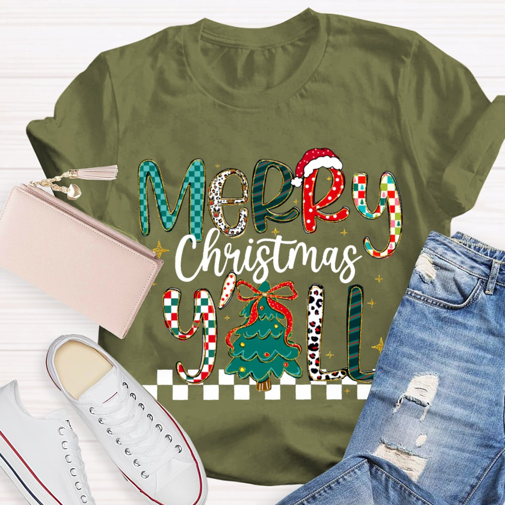 Merry Christmas Yall Colorful Fonts And Christmas Tree T-shirt