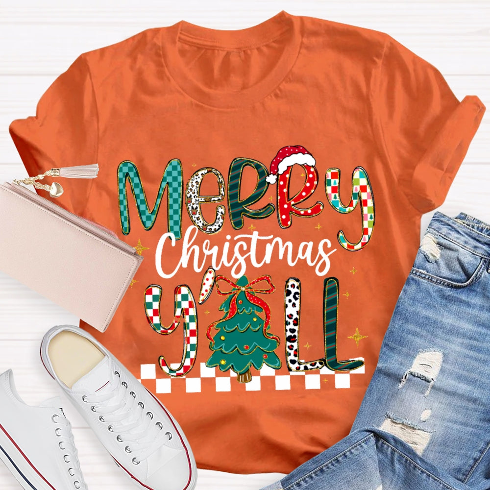 Merry Christmas Yall Colorful Fonts And Christmas Tree T-shirt