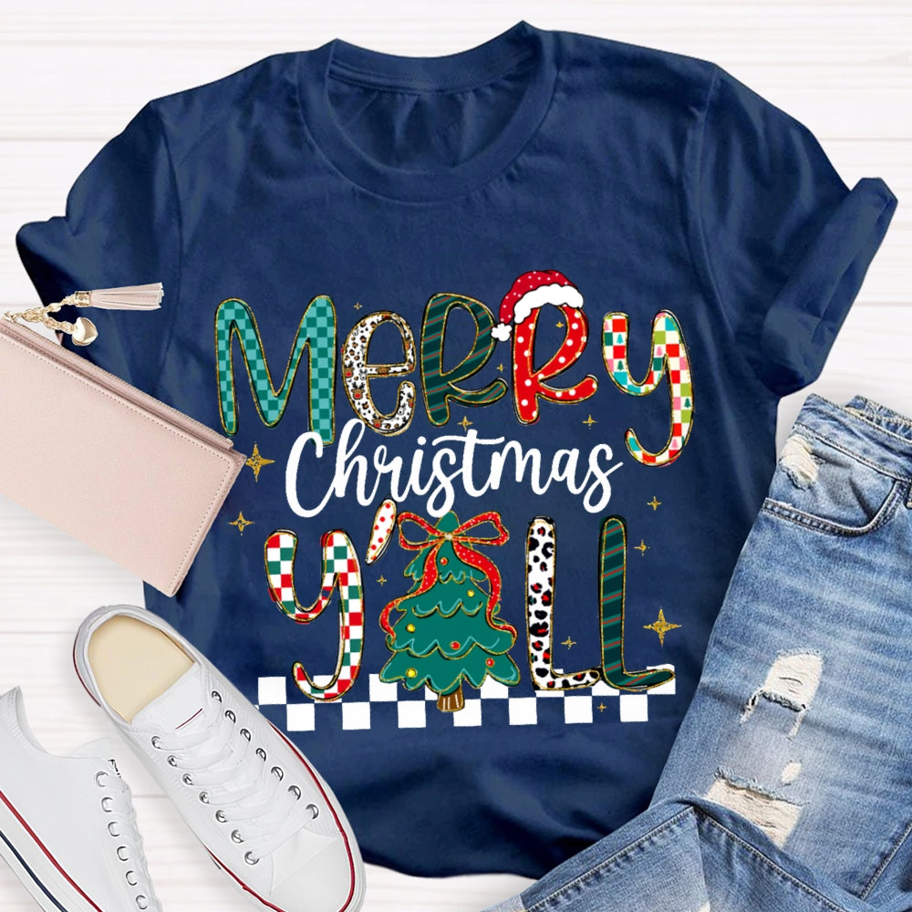 Merry Christmas Yall Colorful Fonts And Christmas Tree T-shirt