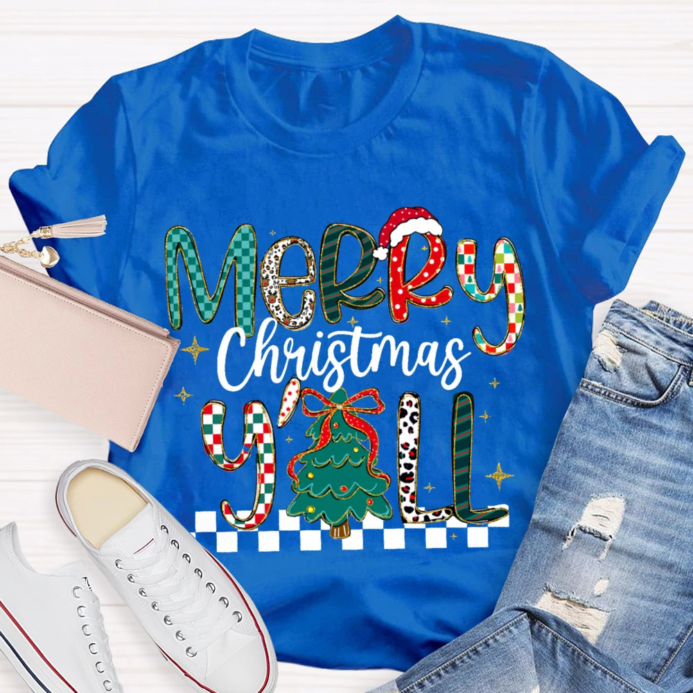 Merry Christmas Yall Colorful Fonts And Christmas Tree T-shirt