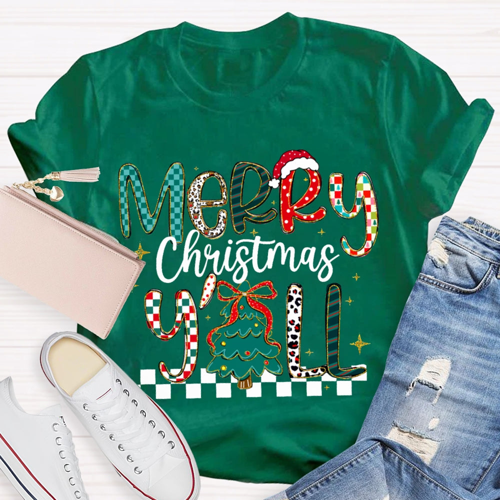 Merry Christmas Yall Colorful Fonts And Christmas Tree T-shirt