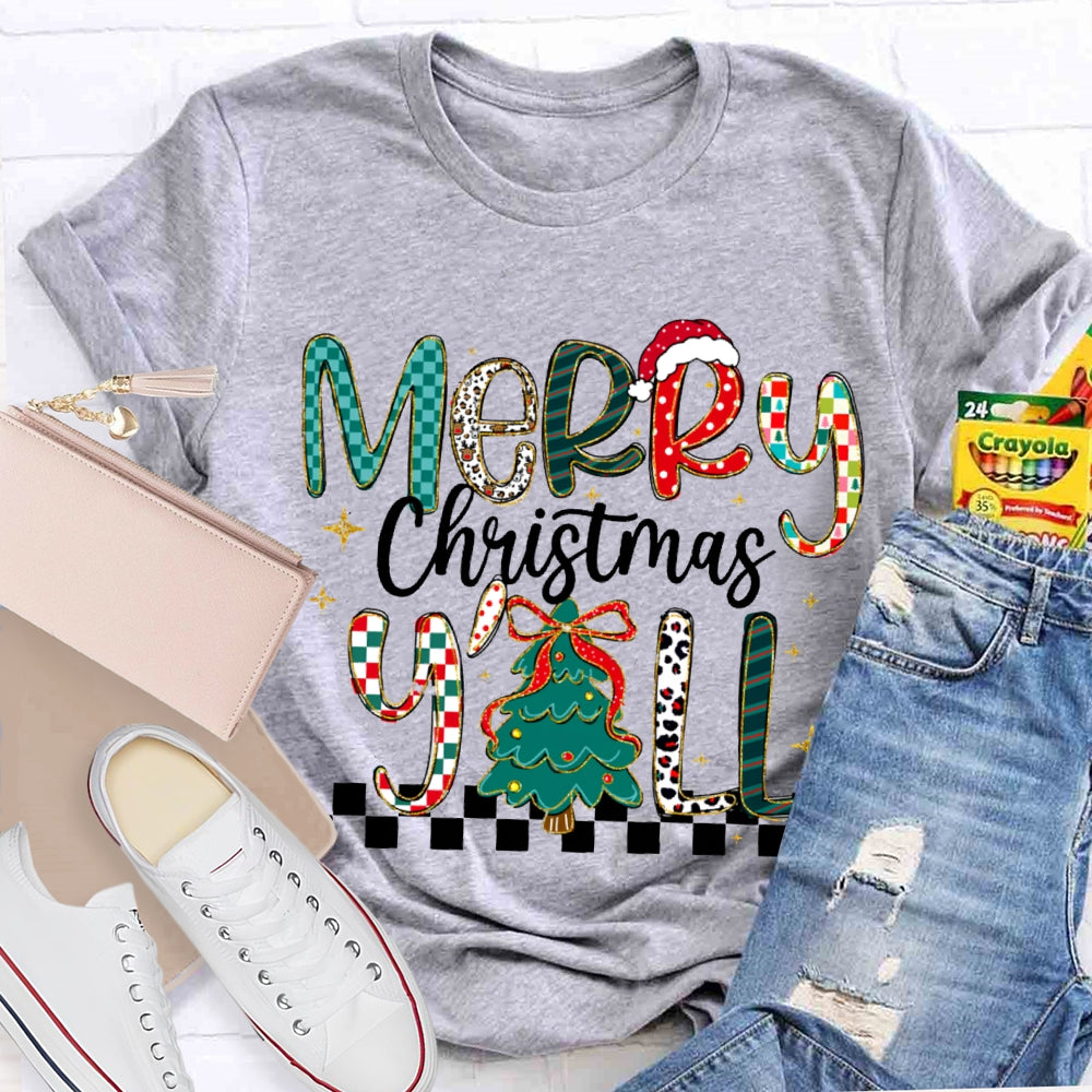 Merry Christmas Yall Colorful Fonts And Christmas Tree T-shirt