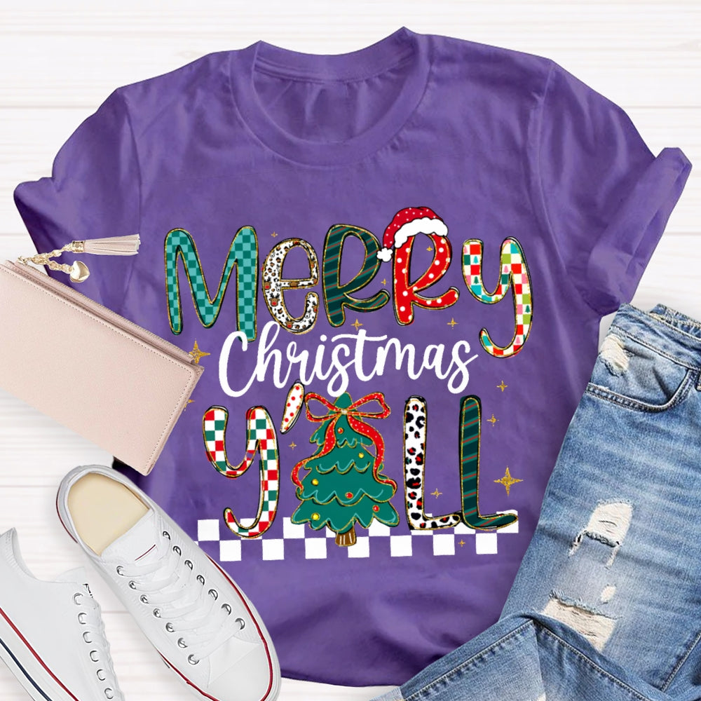 Merry Christmas Yall Colorful Fonts And Christmas Tree T-shirt