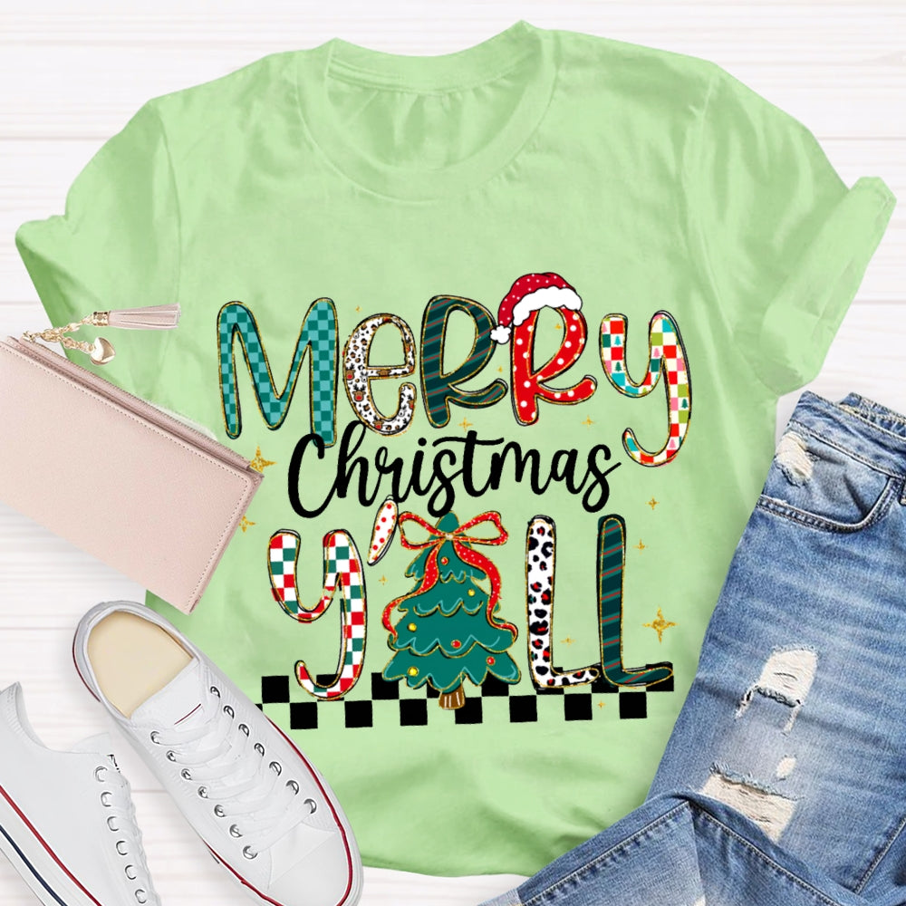 Merry Christmas Yall Colorful Fonts And Christmas Tree T-shirt