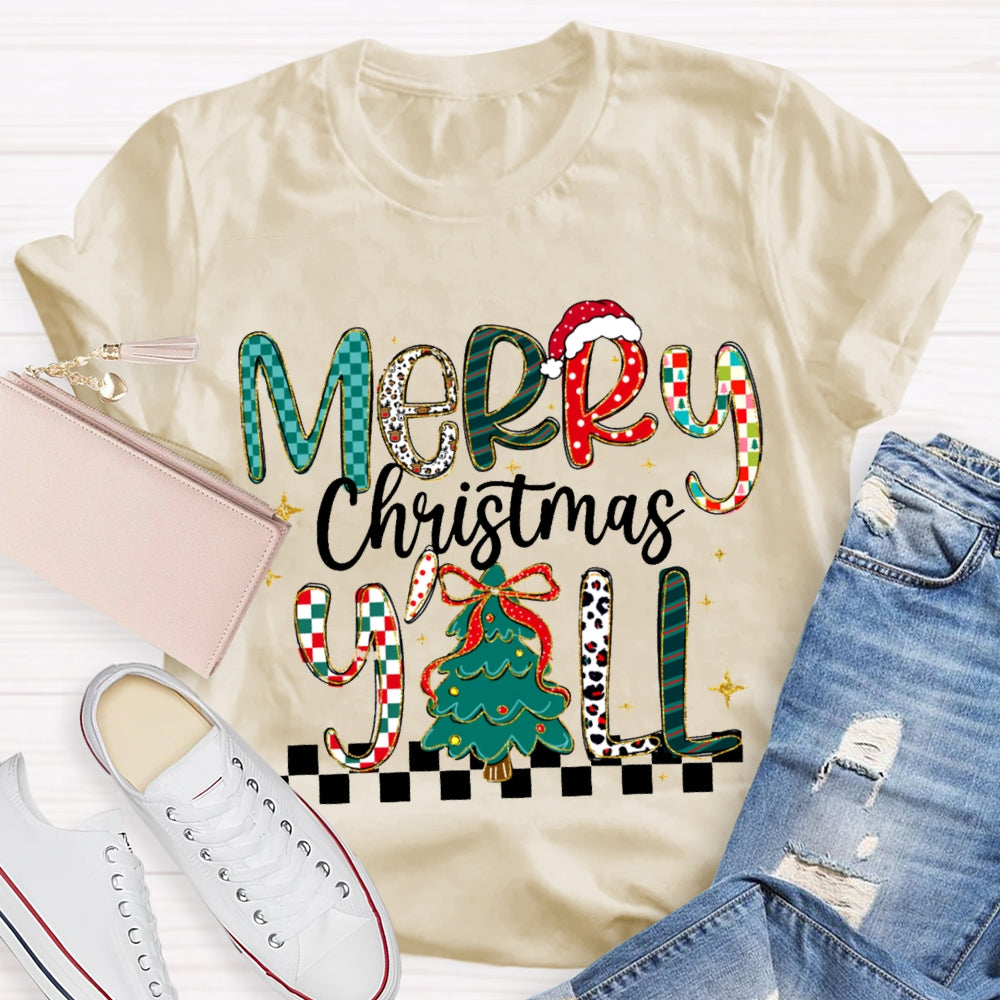 Merry Christmas Yall Colorful Fonts And Christmas Tree T-shirt