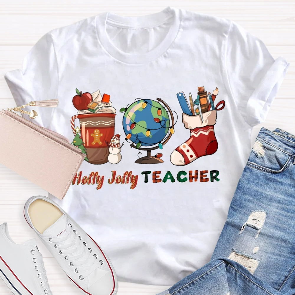 Personalized Name Teacher Globe And Christmas Stockings T-shirt